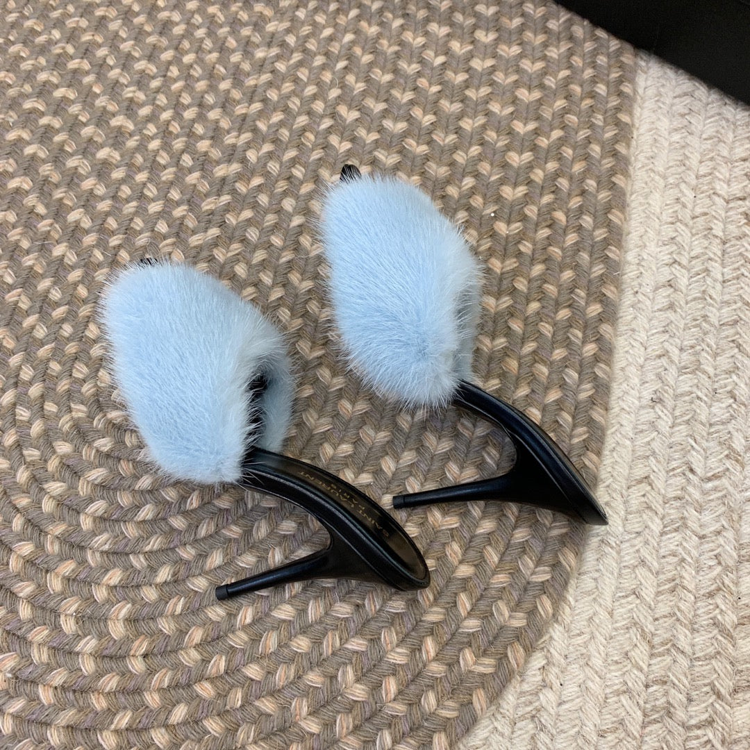 LA 16 HEELED MULES IN SKY BLUE RABBIT FUR AND SMOOTH LAMBSKIN - 34