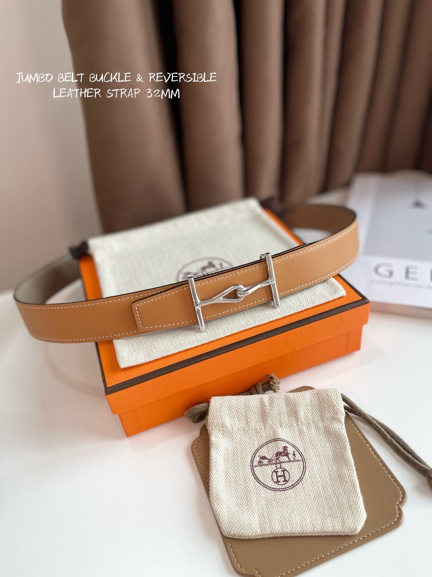 JUMBO BELT SILVER BUCKLE & REVERSIBLE CAMEL BROWN AND ORANGE LEATHER STRAP 32MM - 30