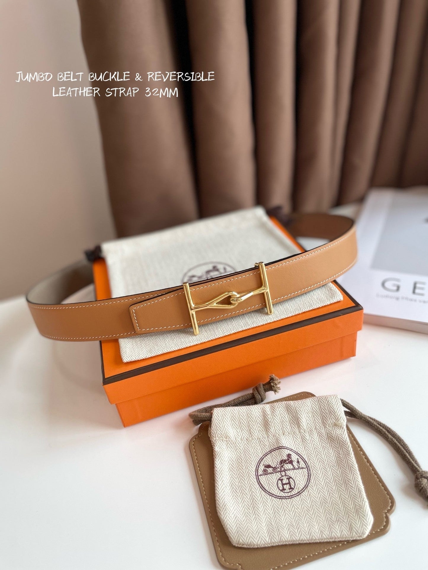 JUMBO BELT GOLD BUCKLE & REVERSIBLE CAMEL BROWN AND ORANGE LEATHER STRAP 32MM - 30