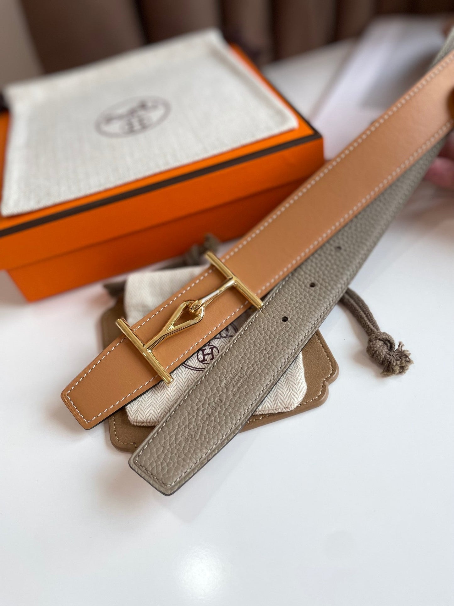 JUMBO BELT GOLD BUCKLE & REVERSIBLE CAMEL BROWN AND ORANGE LEATHER STRAP 32MM - 30