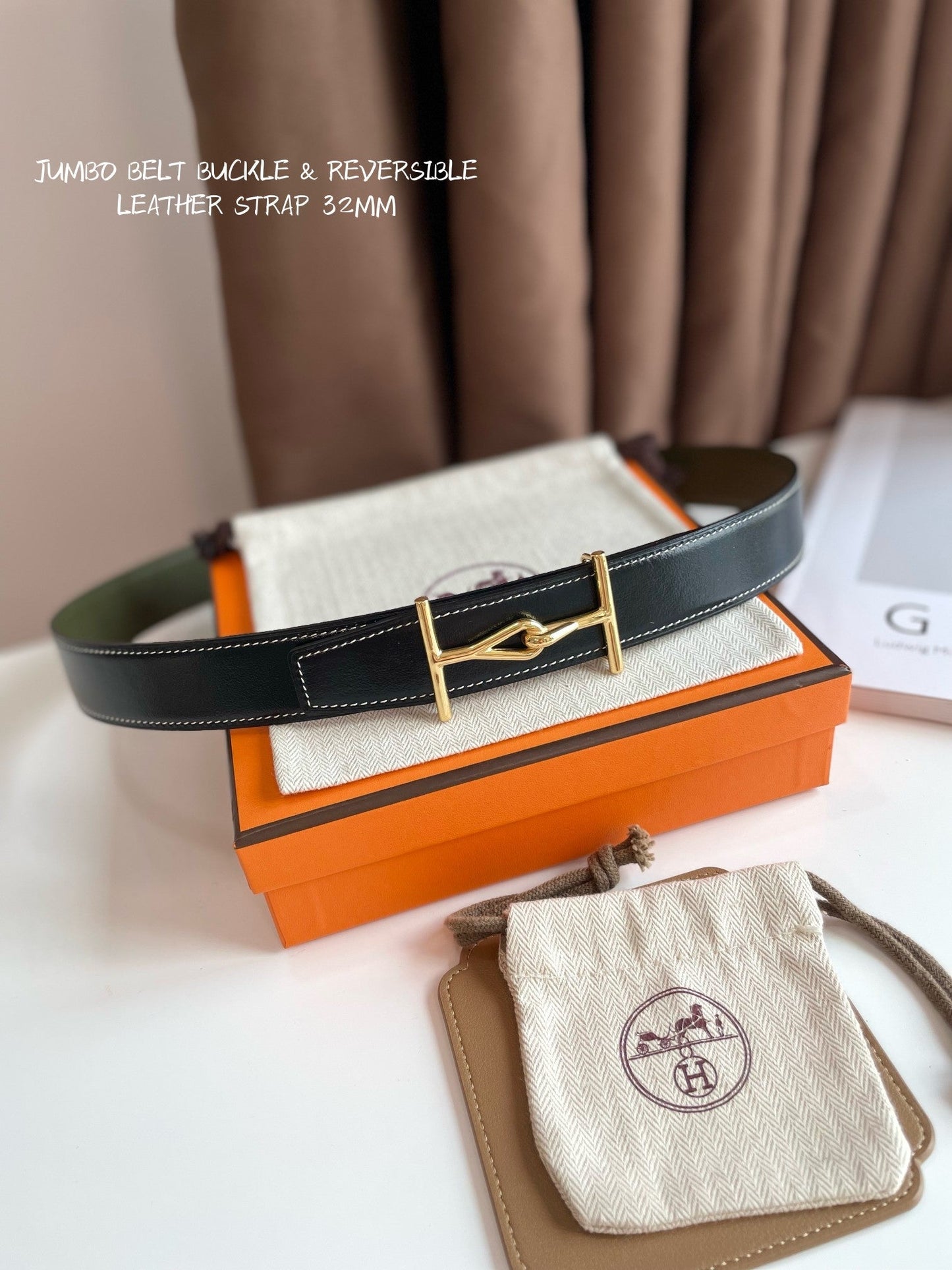 JUMBO BELT GOLD BUCKLE & REVERSIBLE OLIVE GREEN AND BLACK LEATHER STRAP 32MM - 30