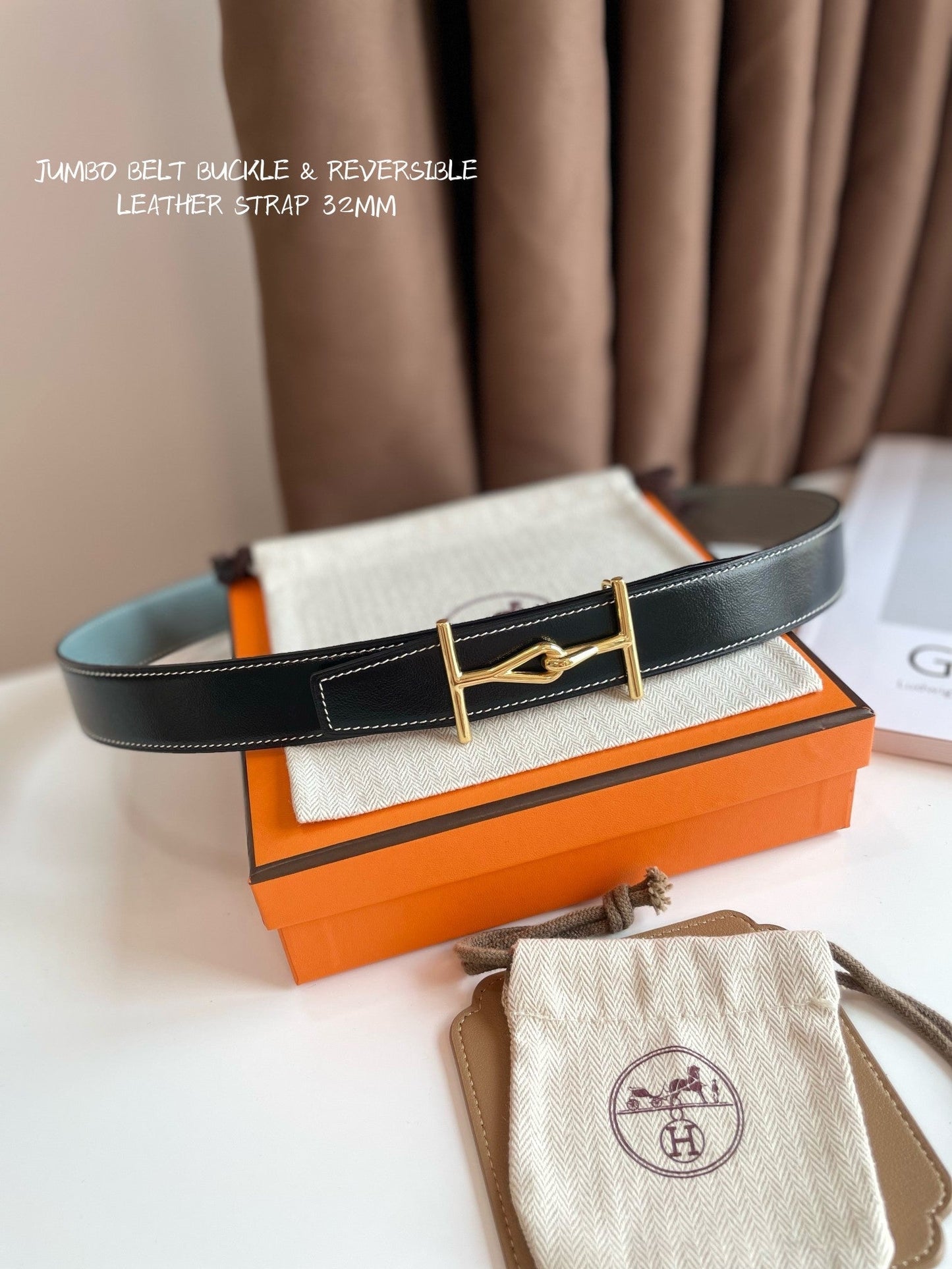 JUMBO BELT GOLD BUCKLE & REVERSIBLE ASH GREEN AND BLACK LEATHER STRAP 32MM - 30