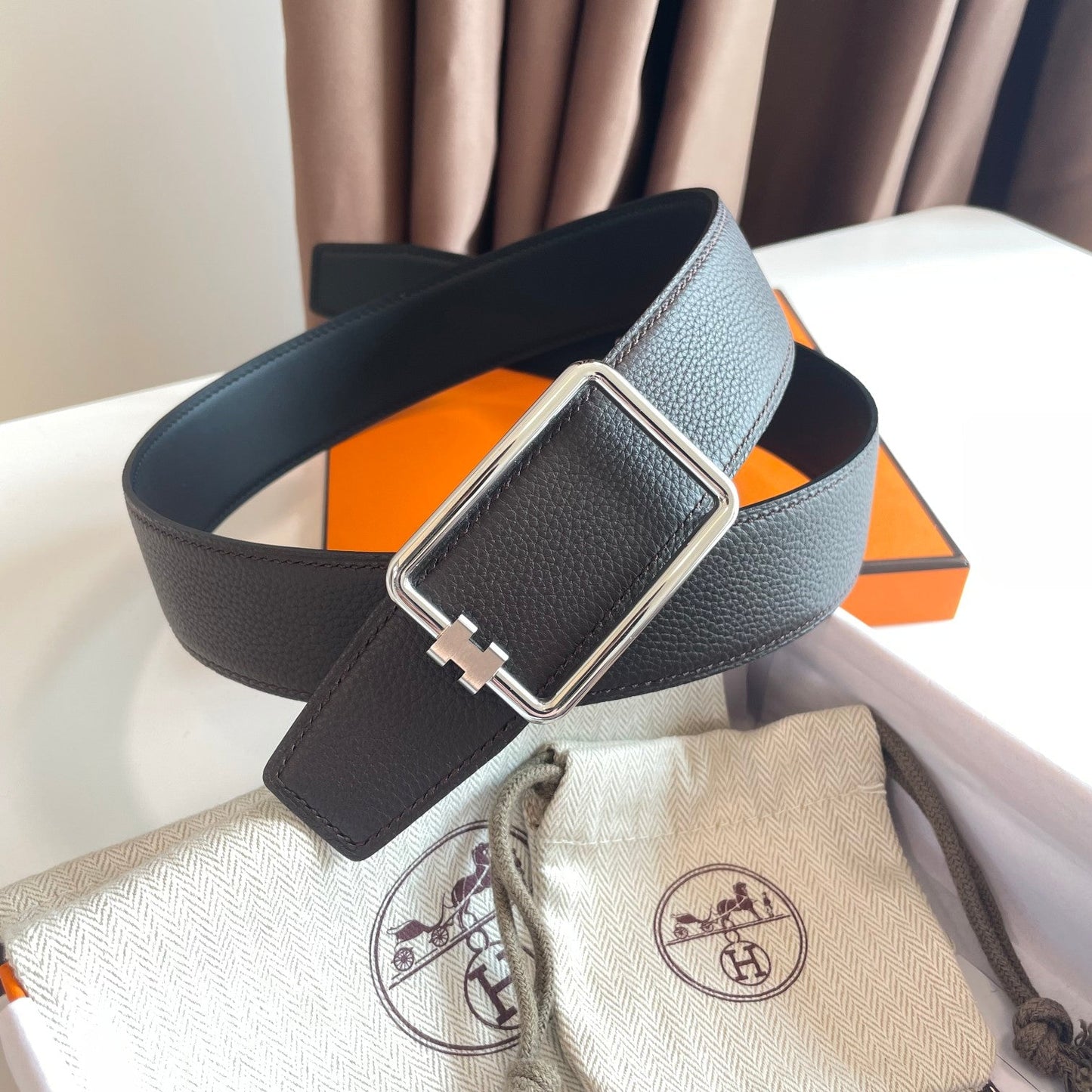 TUBE H BELT SILVER BUCKLE & REVERSIBLE DARK BROWN LEATHER STRAP 38MM - 30