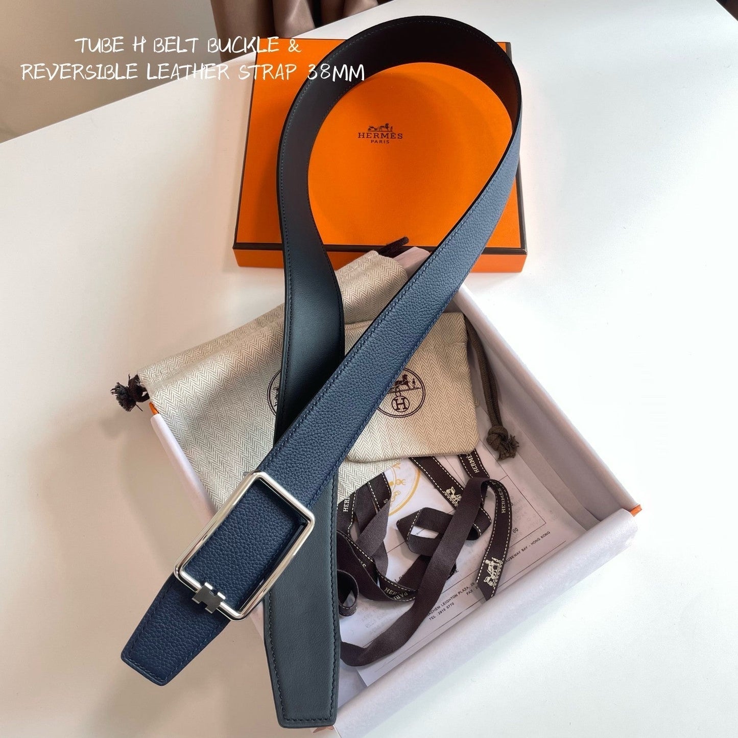 TUBE H BELT SILVER BUCKLE & REVERSIBLE NAVY BLUE LEATHER STRAP 38MM - 30