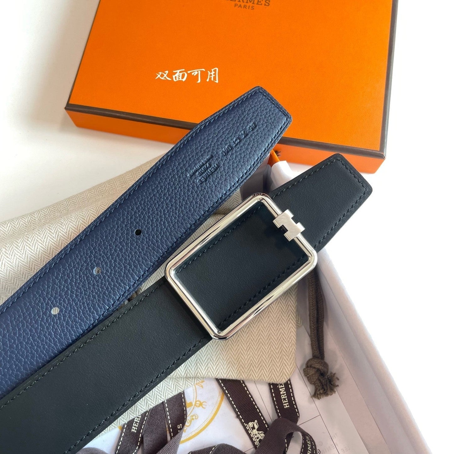 TUBE H BELT SILVER BUCKLE & REVERSIBLE NAVY BLUE LEATHER STRAP 38MM - 30