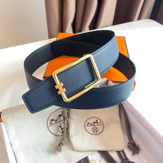 TUBE H BELT GOLD BUCKLE & REVERSIBLE NAVY BLUE LEATHER STRAP 38MM - 30