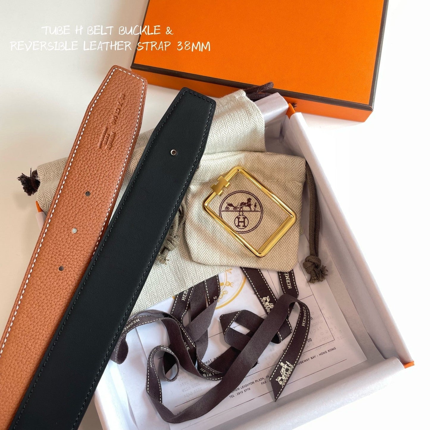 TUBE H BELT BUCKLE & REVERSIBLE BLACK AND CINNAMON BROWN LEATHER STRAP 38MM GOLD HARDWARE - 30