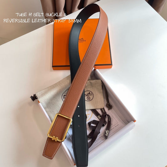 TUBE H BELT BUCKLE & REVERSIBLE BLACK AND CINNAMON BROWN LEATHER STRAP 38MM GOLD HARDWARE - 30