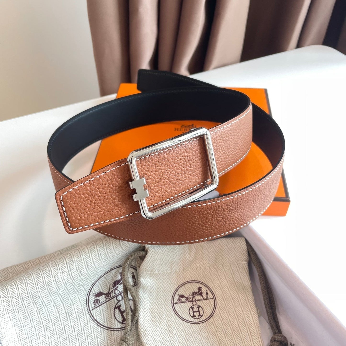 TUBE H BELT BUCKLE & REVERSIBLE BLACK AND CINNAMON BROWN LEATHER STRAP 38MM SILVER  HARDWARE - 30
