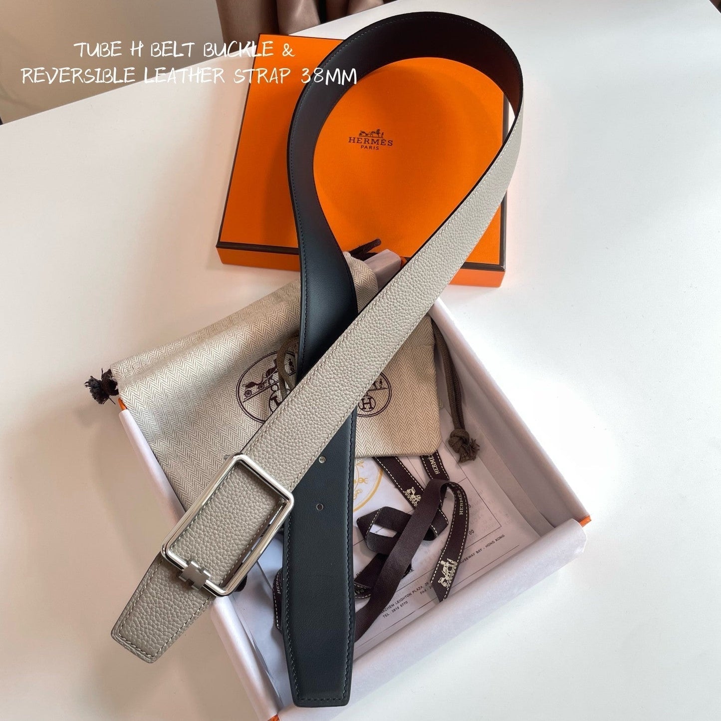 TUBE H BELT BUCKLE & REVERSIBLE KHAKI BROWN AND BLACK LEATHER STRAP 38MM SILVER HARDWARE - 30