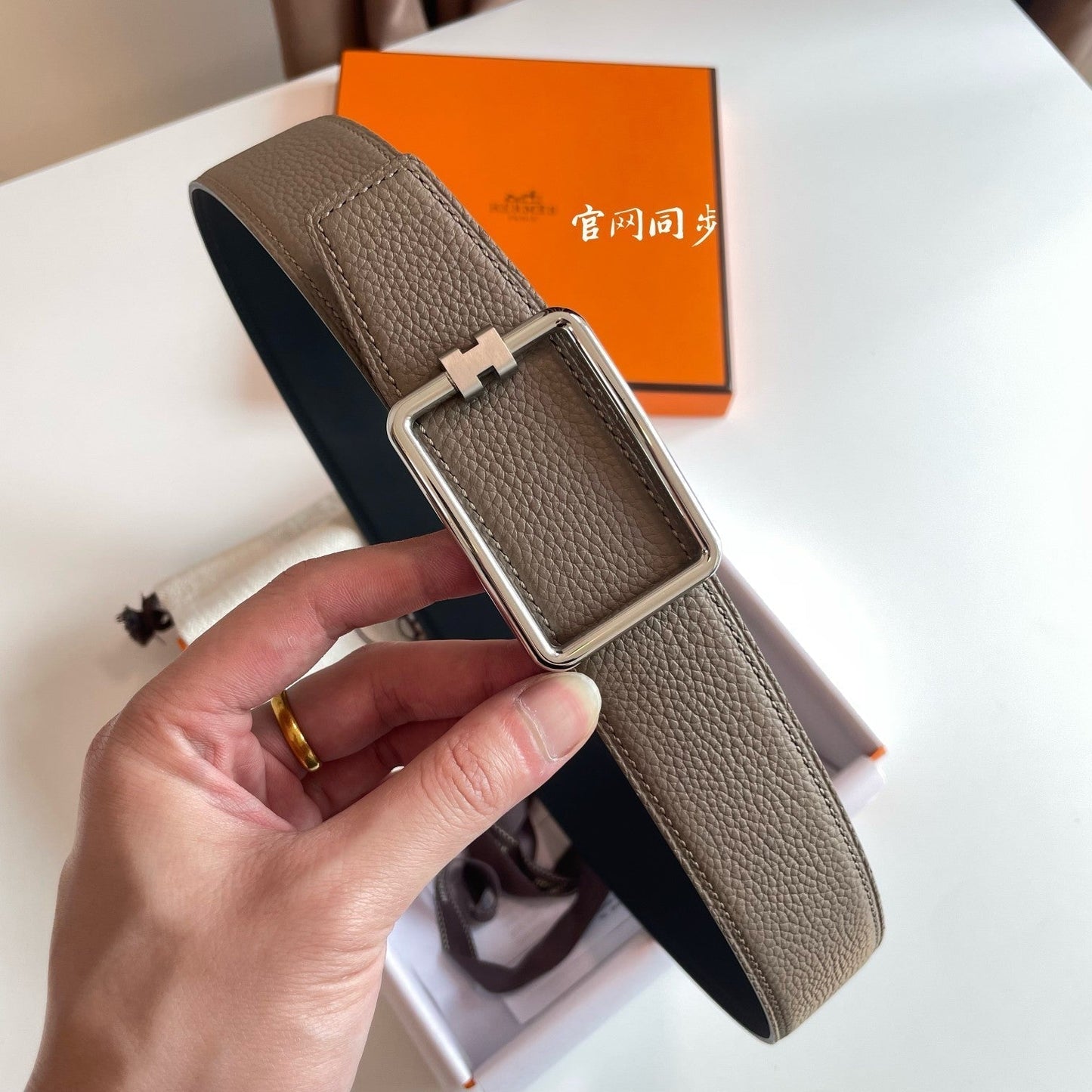 TUBE H BELT BUCKLE & REVERSIBLE KHAKI BROWN AND BLACK LEATHER STRAP 38MM SILVER HARDWARE - 30