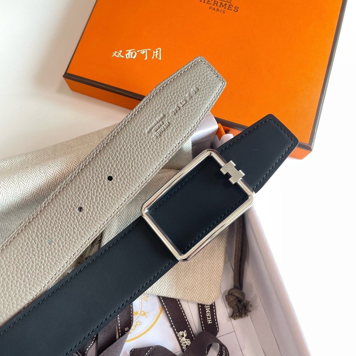 TUBE H BELT BUCKLE & REVERSIBLE KHAKI BROWN AND BLACK LEATHER STRAP 38MM SILVER HARDWARE - 30