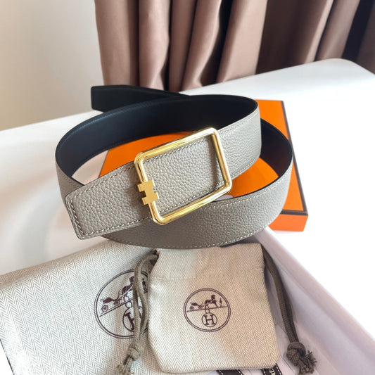 TUBE H BELT BUCKLE & REVERSIBLE KHAKI BROWN AND BLACK LEATHER STRAP 38MM GOLD HARDWARE - 30