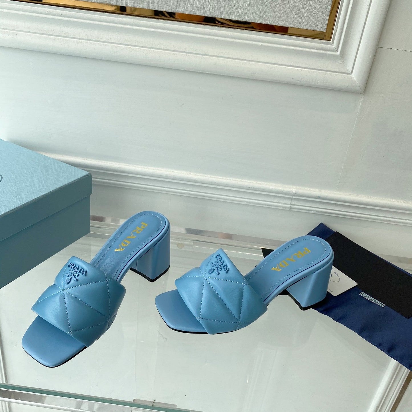 Pra Heeled Sandal 65 Square Sole Quilted Sky Blue Leather - 35