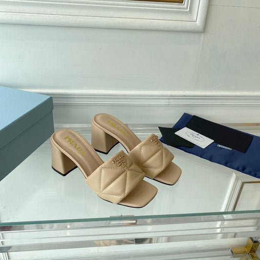 Pra Heeled Sandal 65 Square Sole Quilted Beige Leather - 35