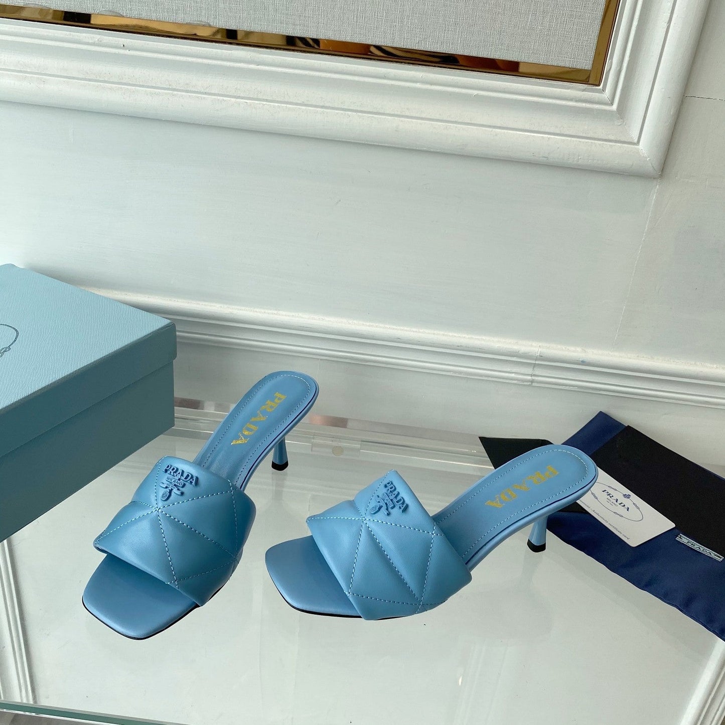 Pra Heeled Sandal 65 Pointed Sole Quilted Sky Blue Leather - 35