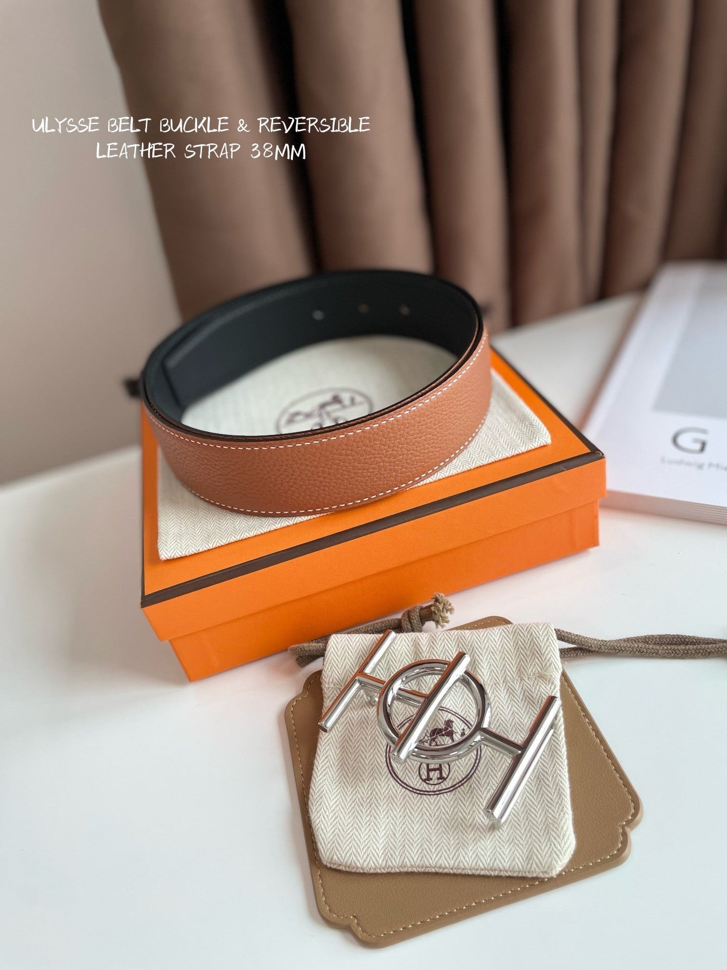 ULYSSE BELT BUCKLE & REVERSIBLE GINGER ORANGE LEATHER STRAP 38MM SILVER HARDWARE - 30