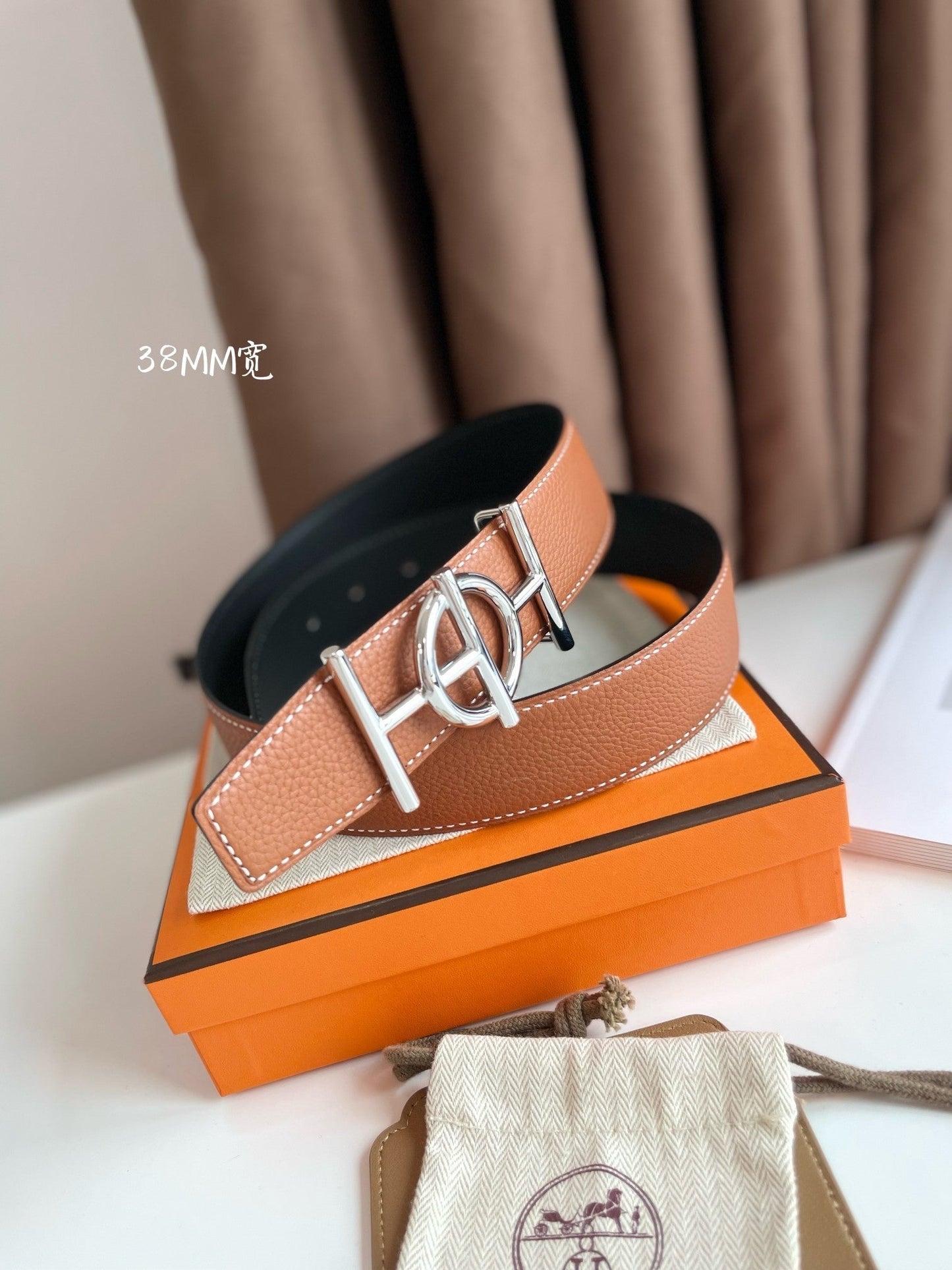 ULYSSE BELT BUCKLE & REVERSIBLE GINGER ORANGE LEATHER STRAP 38MM SILVER HARDWARE - 30