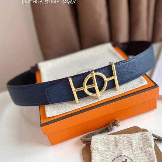 ULYSSE BELT BUCKLE & REVERSIBLE NAVY BLUE LEATHER STRAP 38MM GOLD HARDWARE - 30
