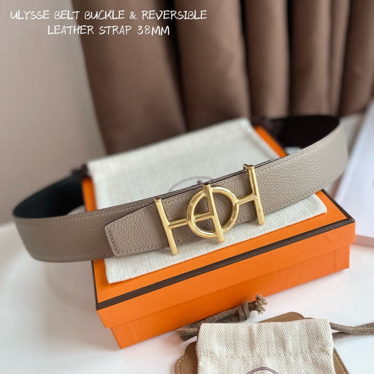 ULYSSE BELT BUCKLE & REVERSIBLE KHAKI BROWN LEATHER STRAP 38MM GOLD HARDWARE - 30