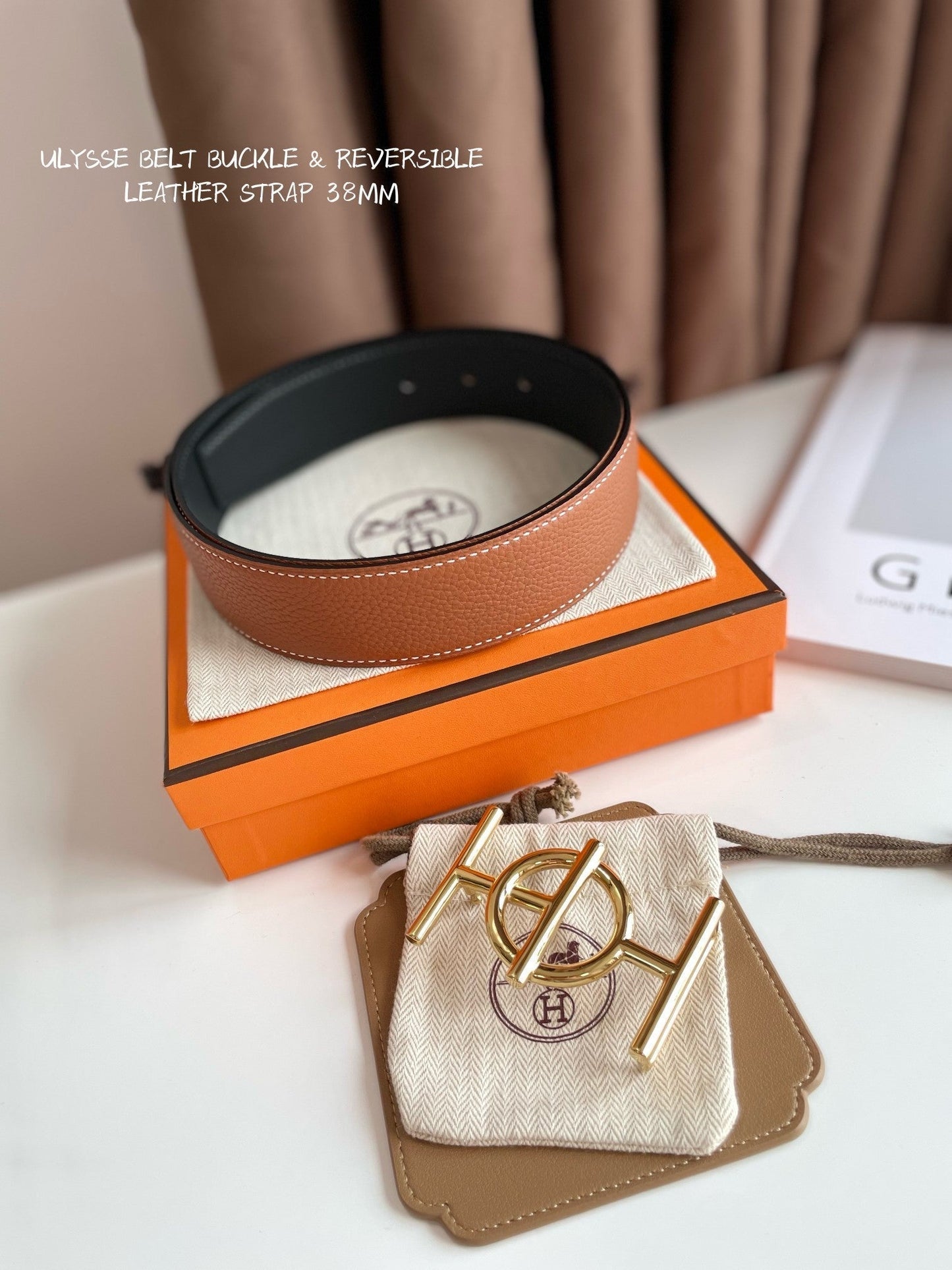 ULYSSE BELT BUCKLE & REVERSIBLE GINGER ORANGE LEATHER STRAP 38MM GOLD HARDWARE - 30