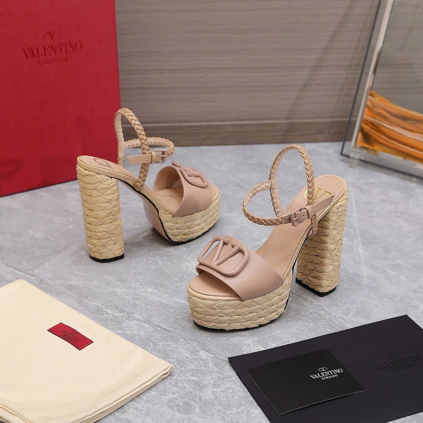 VLTN ESPADRILLE WEDGE SANDALS 25S 130 MM IN MUTED PEACH BEIGE LAMBSKIN - 35