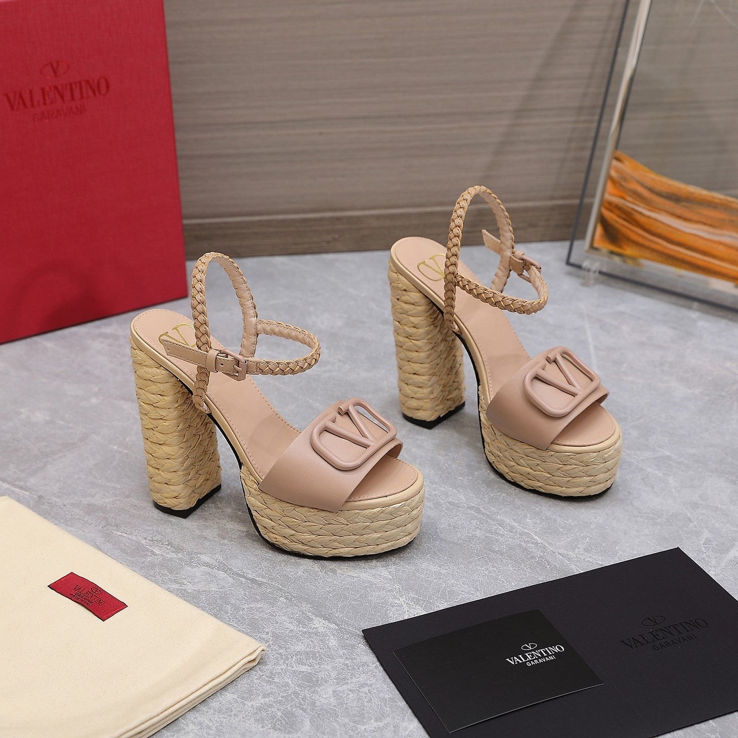VLTN ESPADRILLE WEDGE SANDALS 25S 130 MM IN MUTED PEACH BEIGE LAMBSKIN - 35