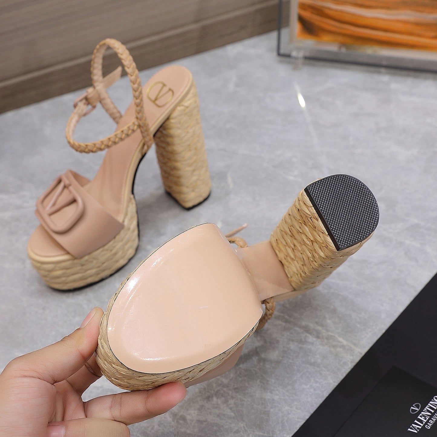 VLTN ESPADRILLE WEDGE SANDALS 25S 130 MM IN MUTED PEACH BEIGE LAMBSKIN - 35