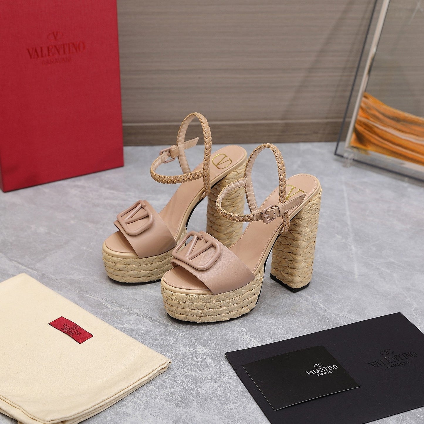 VLTN ESPADRILLE WEDGE SANDALS 25S 130 MM IN MUTED PEACH BEIGE LAMBSKIN - 35