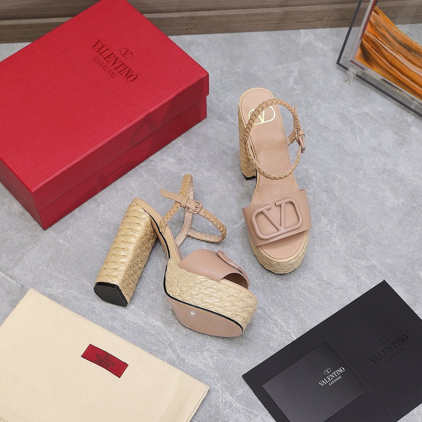 VLTN ESPADRILLE WEDGE SANDALS 25S 130 MM IN MUTED PEACH BEIGE LAMBSKIN - 35