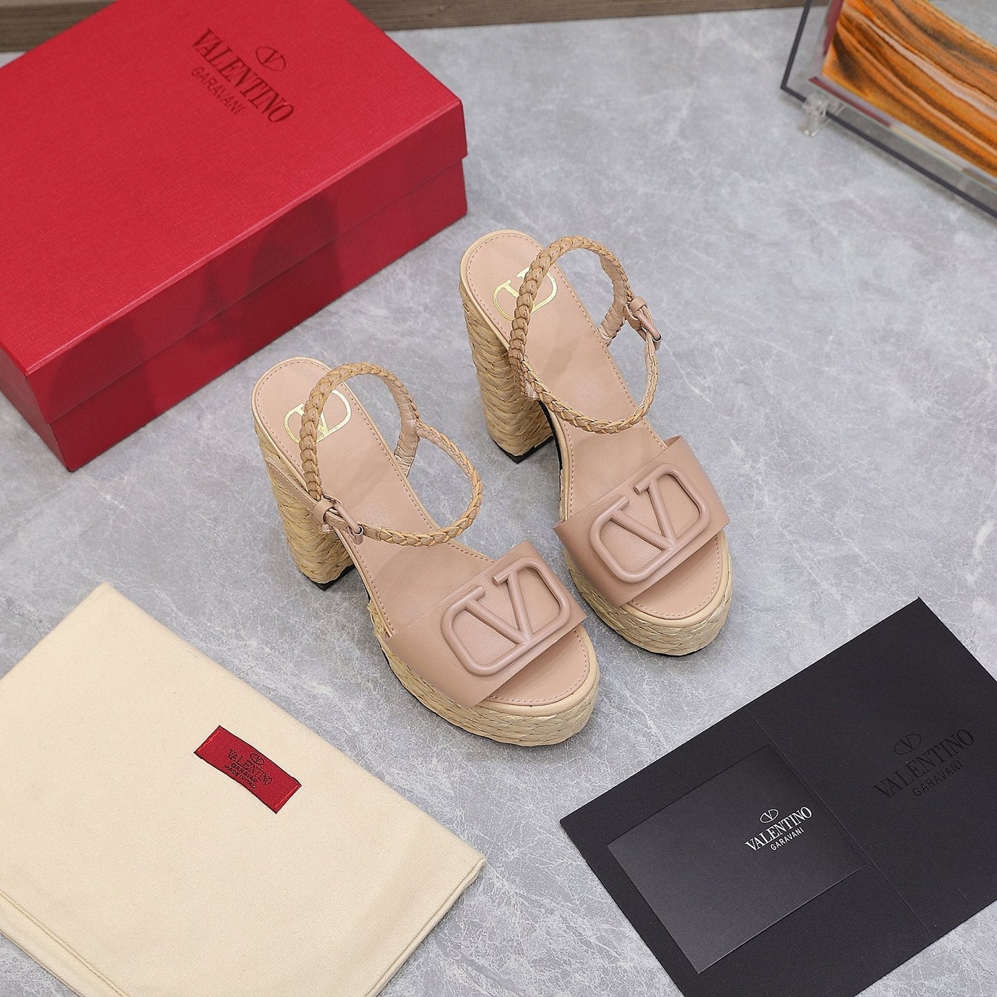 VLTN ESPADRILLE WEDGE SANDALS 25S 130 MM IN MUTED PEACH BEIGE LAMBSKIN - 35