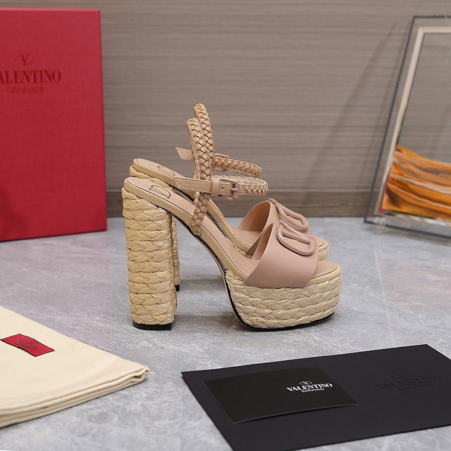 VLTN ESPADRILLE WEDGE SANDALS 25S 130 MM IN MUTED PEACH BEIGE LAMBSKIN - 35