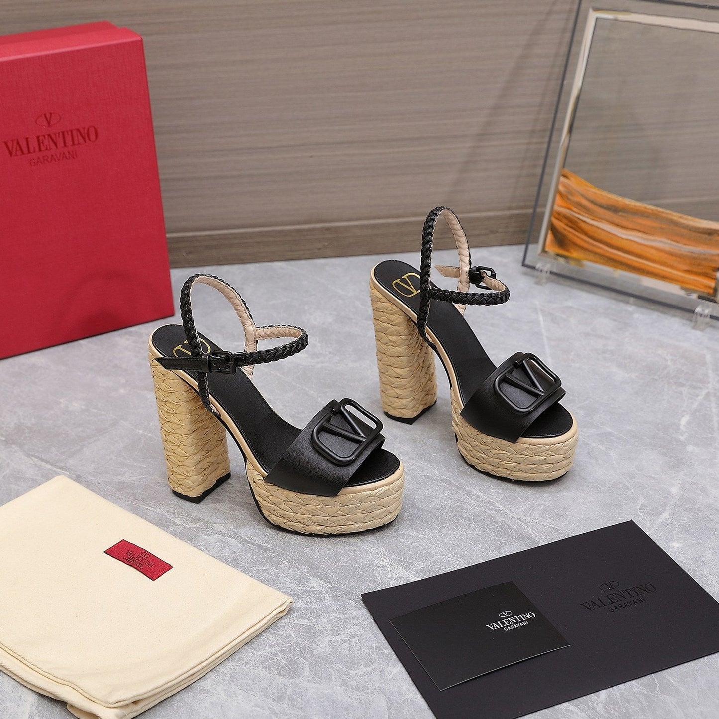 VLTN ESPADRILLE WEDGE SANDALS 25S 130 MM IN BLACK LAMBSKIN - 35