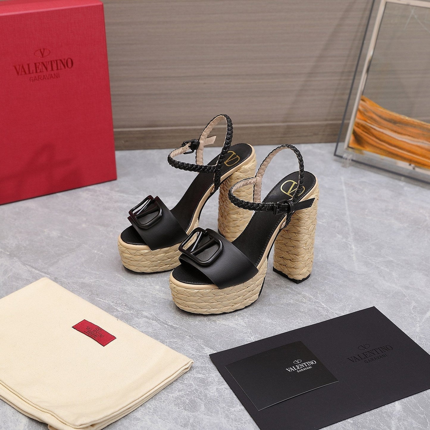 VLTN ESPADRILLE WEDGE SANDALS 25S 130 MM IN BLACK LAMBSKIN - 35