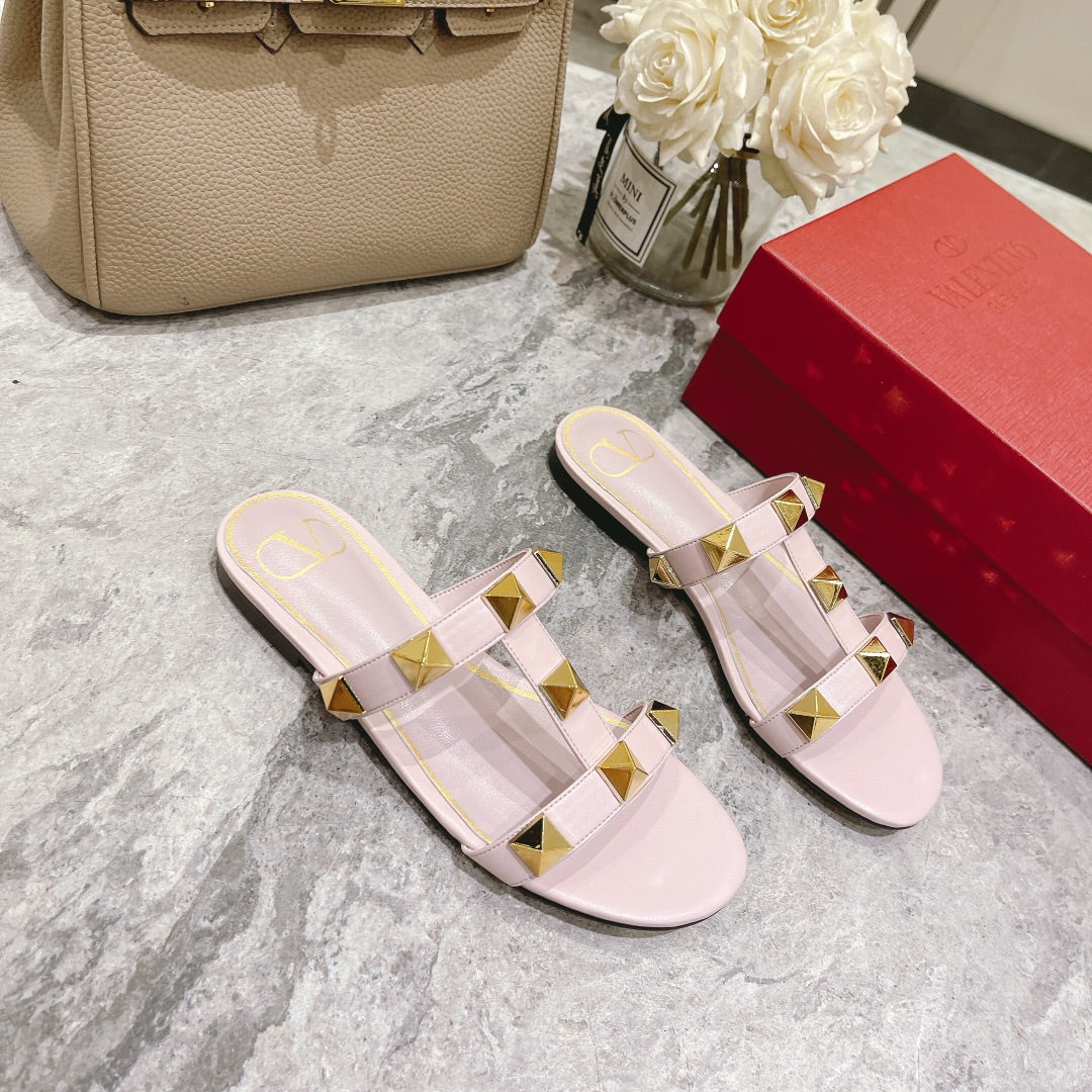 ROMAN STUD LIGHT PINK CALFSKIN FLAT SLIDE SANDAL 25 MM - 34