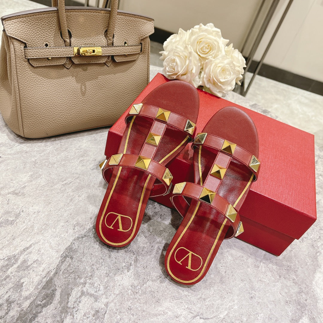 ROMAN STUD CHERRY RED CALFSKIN FLAT SLIDE SANDAL 25 MM - 34