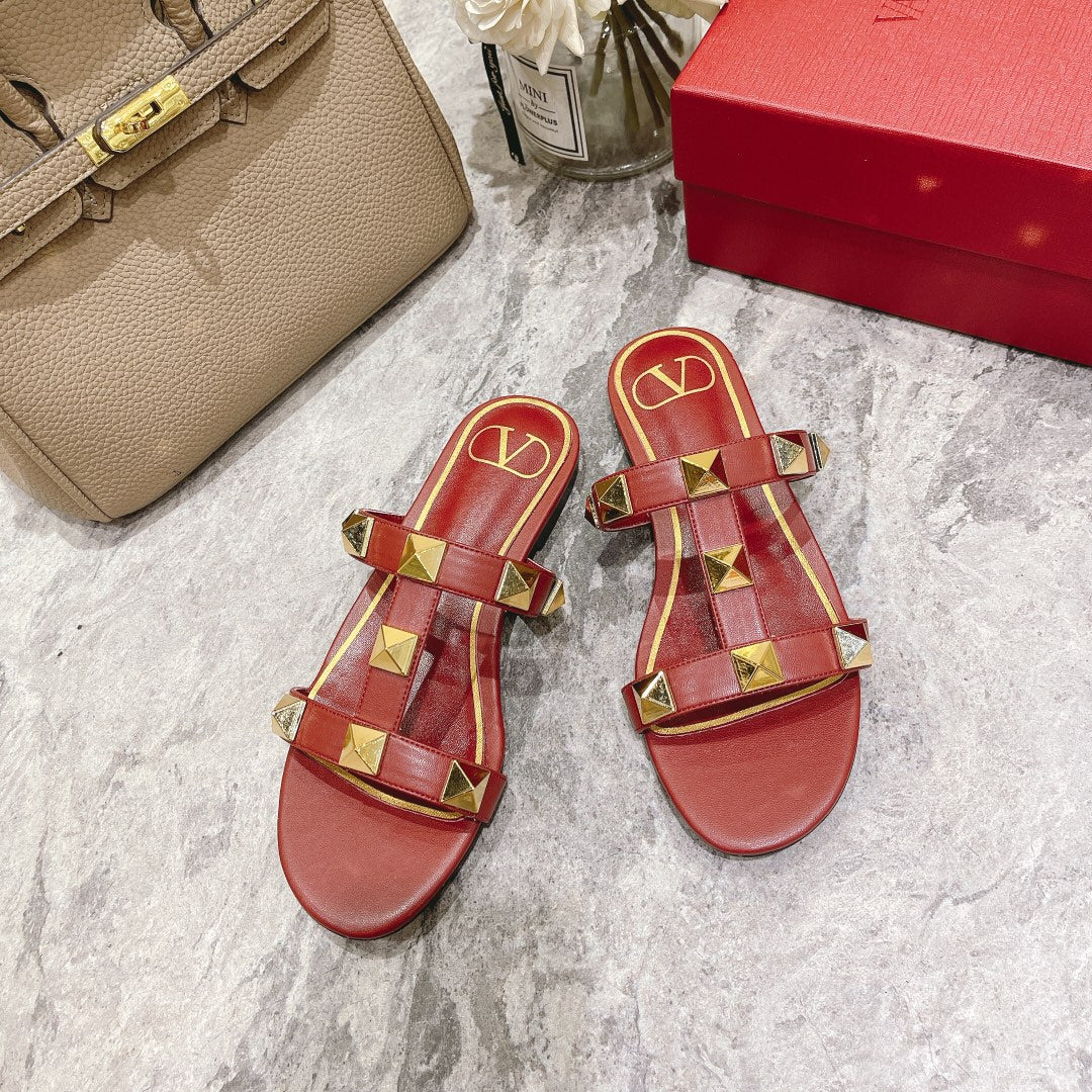 ROMAN STUD CHERRY RED CALFSKIN FLAT SLIDE SANDAL 25 MM - 34