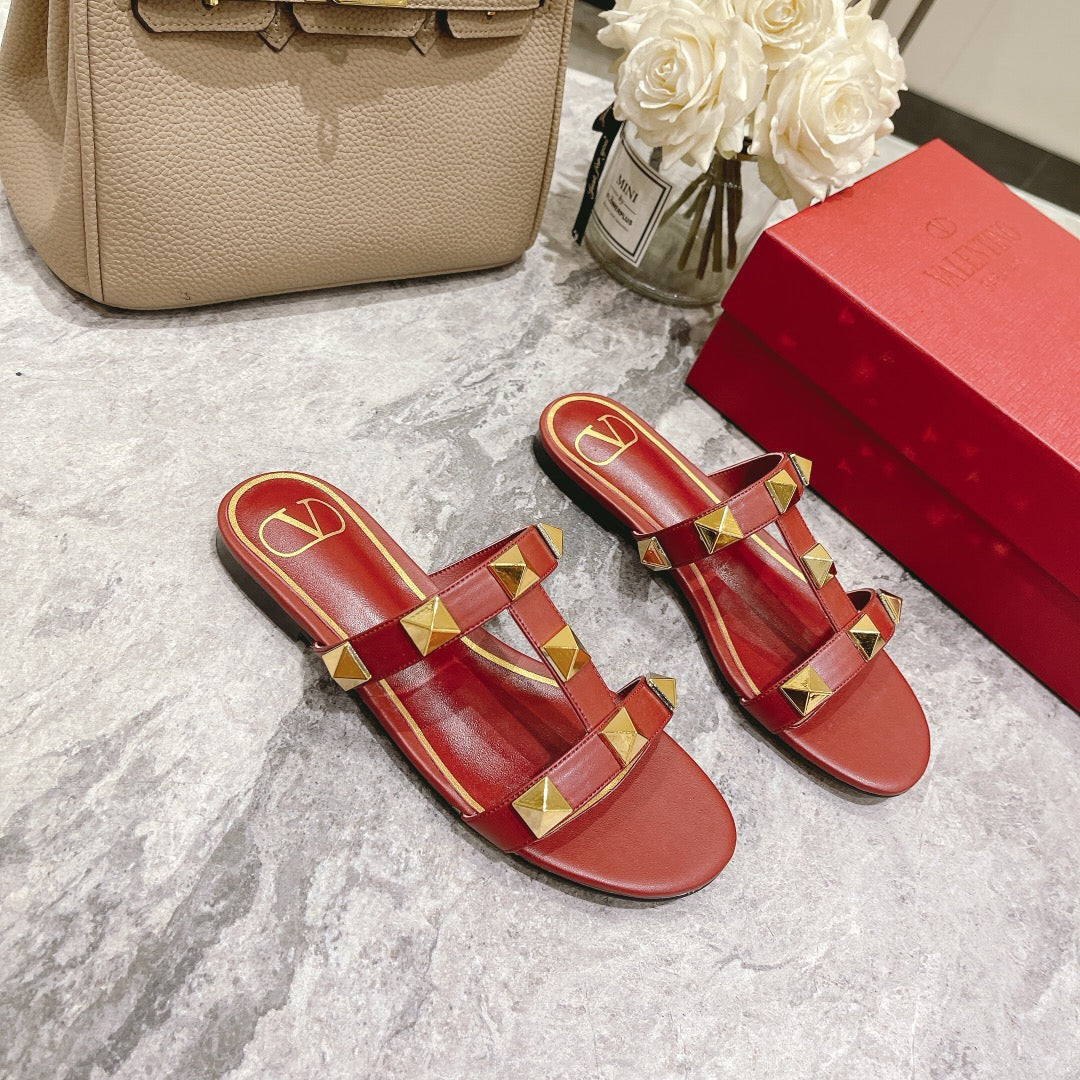 ROMAN STUD CHERRY RED CALFSKIN FLAT SLIDE SANDAL 25 MM - 34