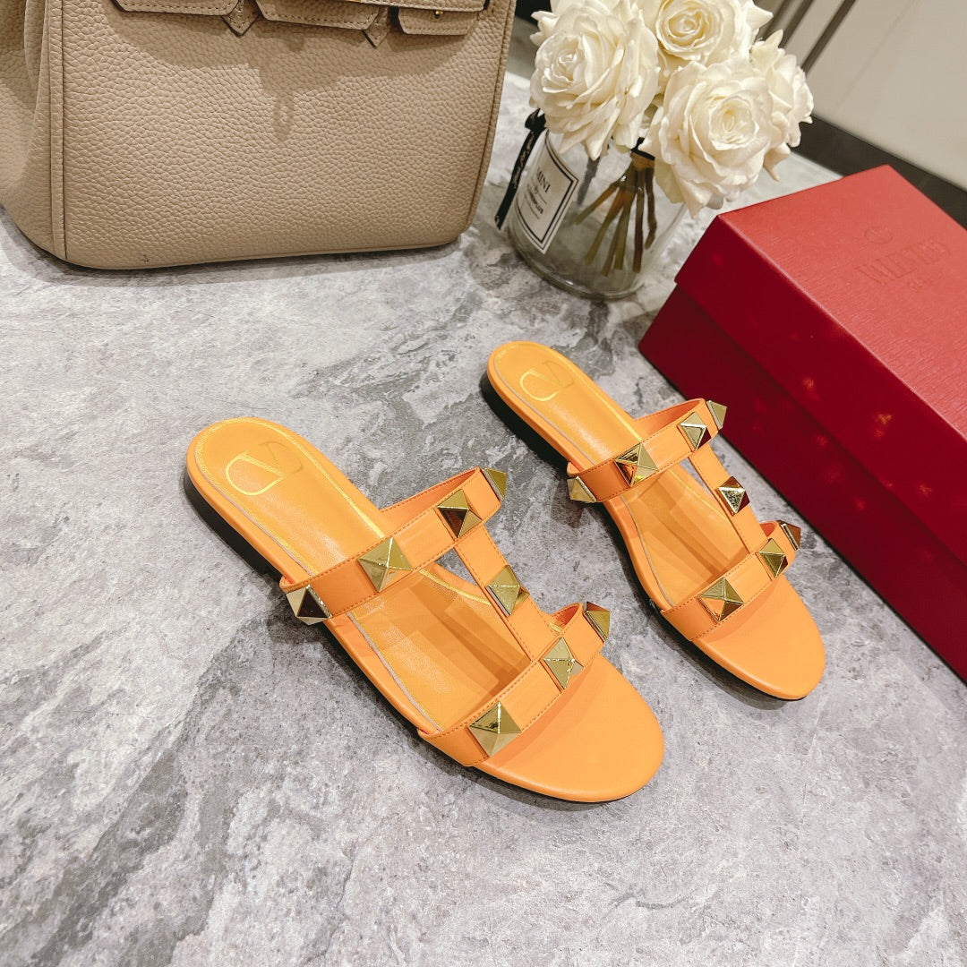 ROMAN STUD MANGO ORANGE CALFSKIN FLAT SLIDE SANDAL 25 MM - 34