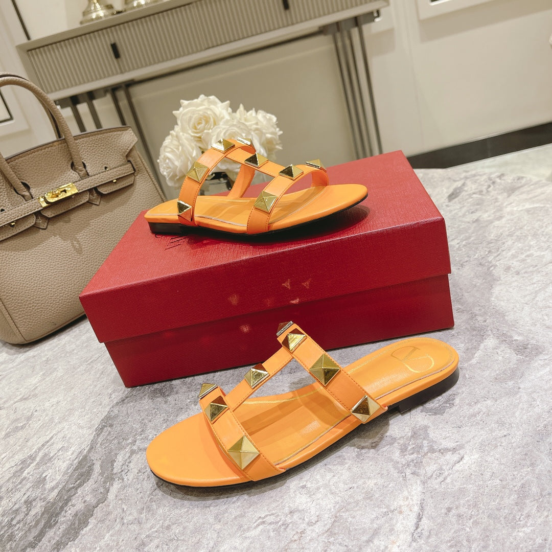 ROMAN STUD MANGO ORANGE CALFSKIN FLAT SLIDE SANDAL 25 MM - 34