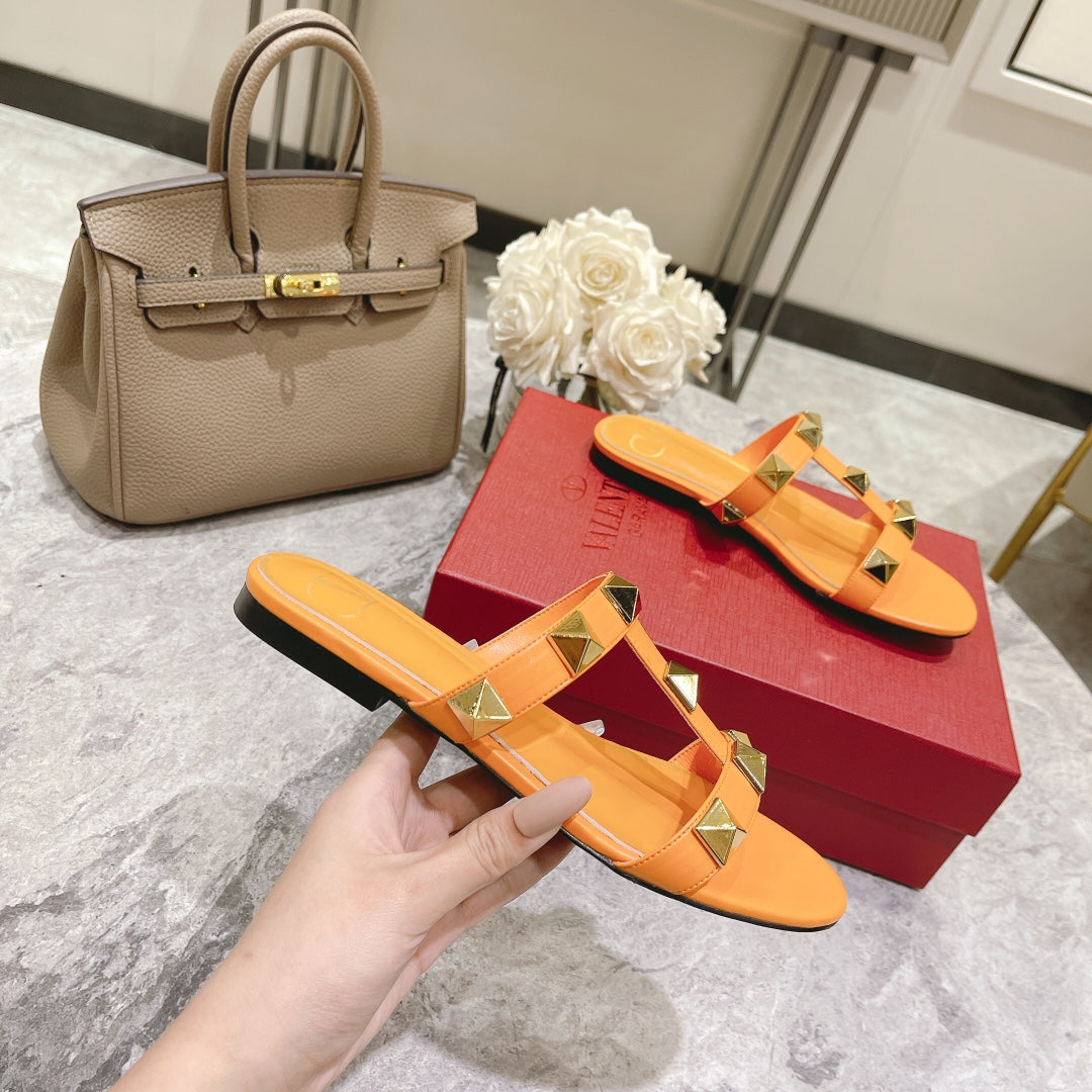 ROMAN STUD MANGO ORANGE CALFSKIN FLAT SLIDE SANDAL 25 MM - 34
