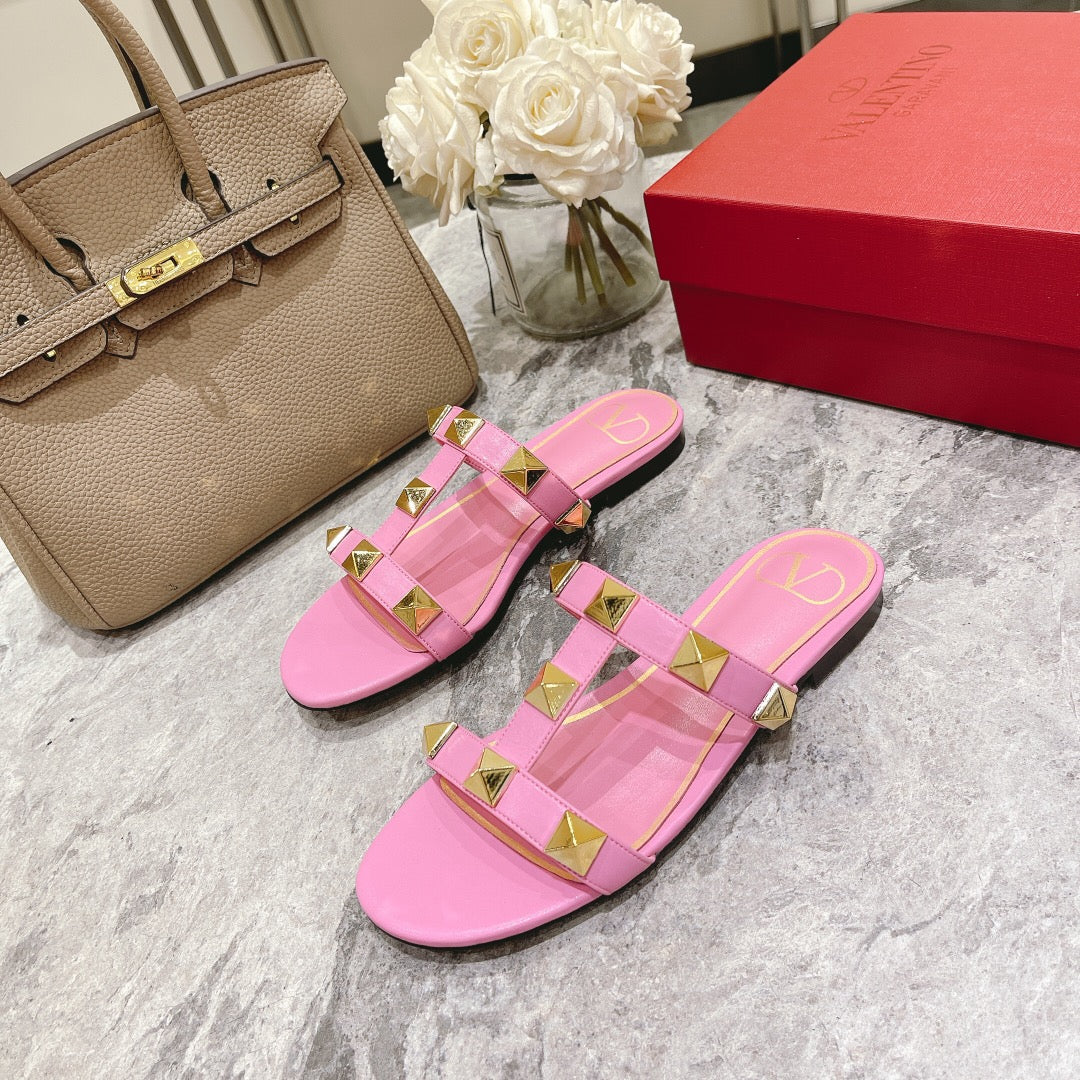 ROMAN STUD BRIGHT PINK CALFSKIN FLAT SLIDE SANDAL 25 MM - 34