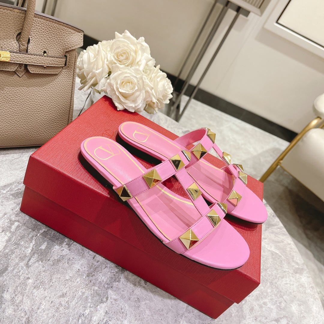 ROMAN STUD BRIGHT PINK CALFSKIN FLAT SLIDE SANDAL 25 MM - 34