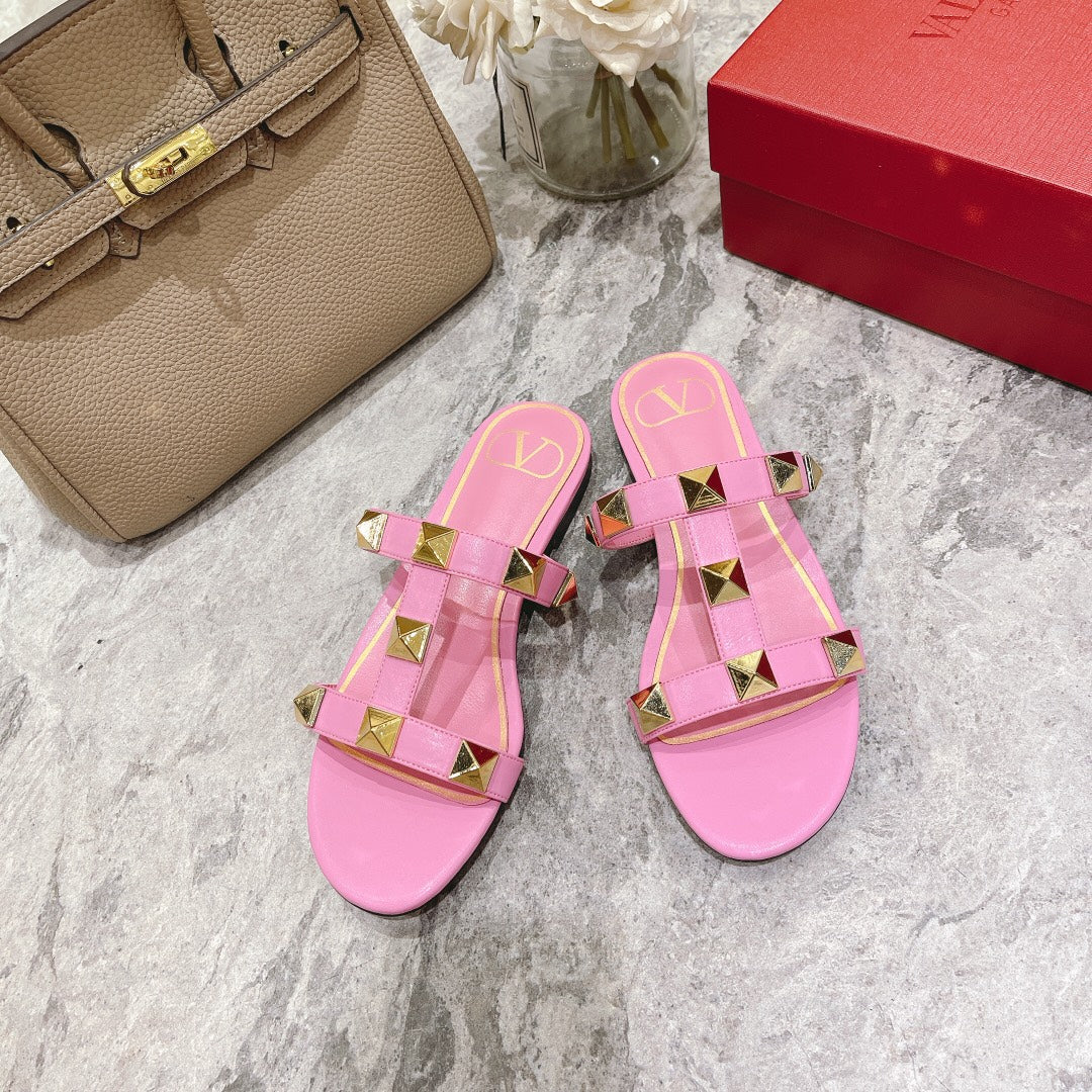ROMAN STUD BRIGHT PINK CALFSKIN FLAT SLIDE SANDAL 25 MM - 34