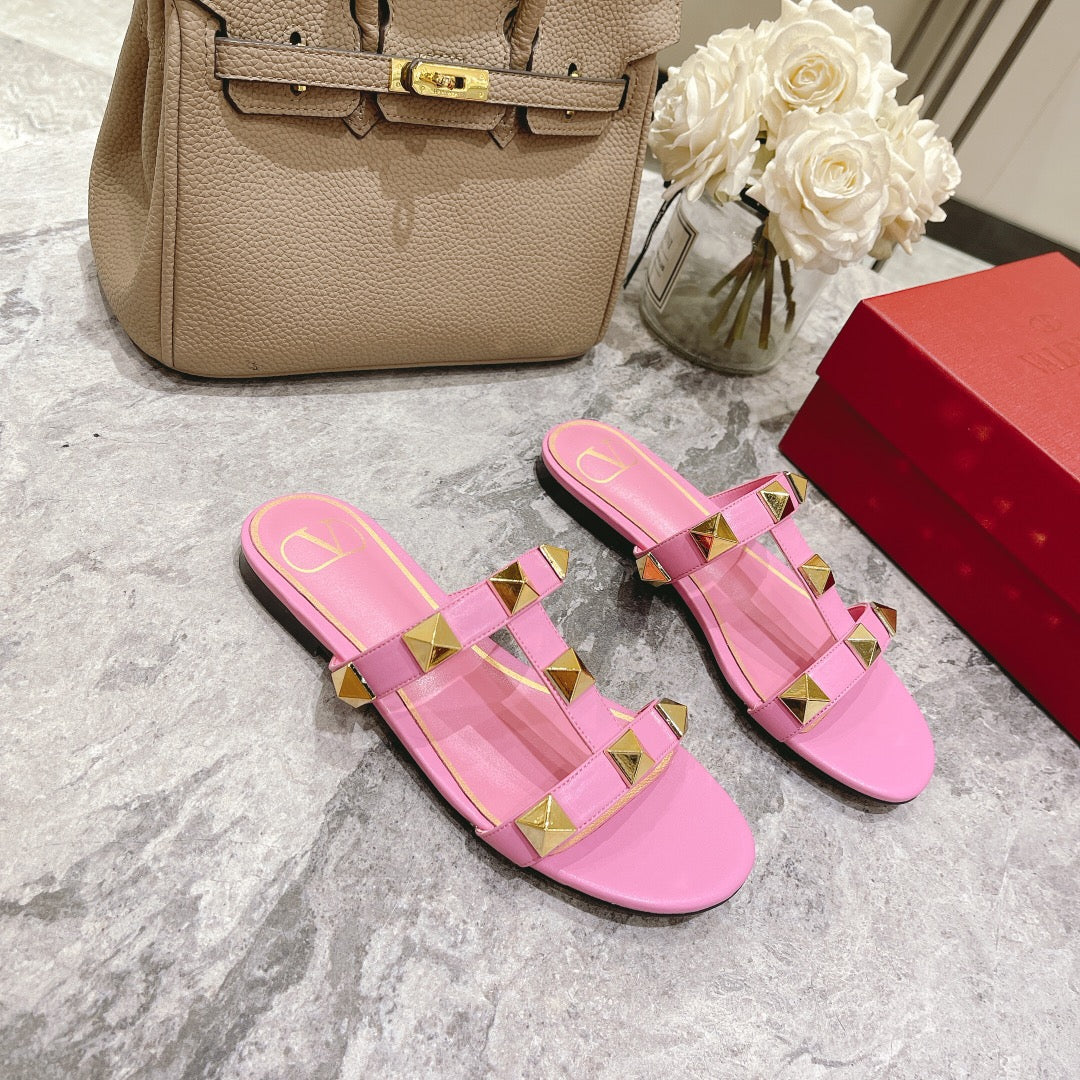 ROMAN STUD BRIGHT PINK CALFSKIN FLAT SLIDE SANDAL 25 MM - 34