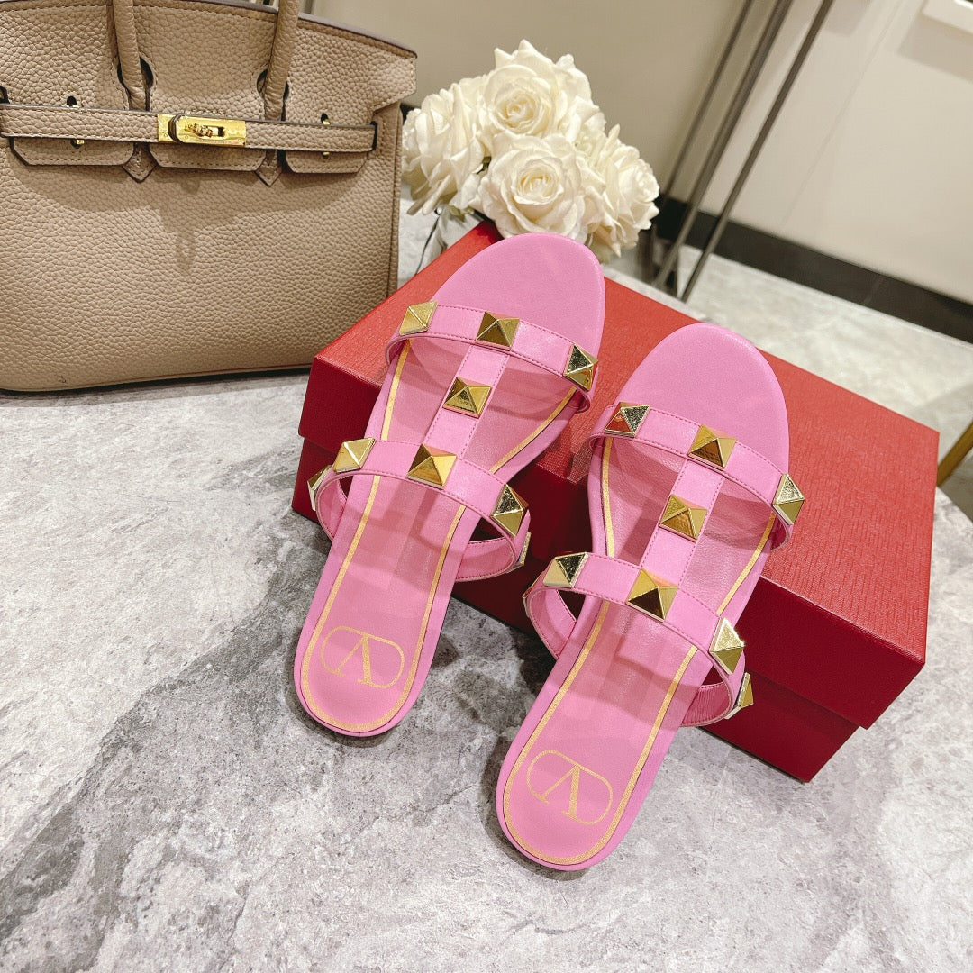 ROMAN STUD BRIGHT PINK CALFSKIN FLAT SLIDE SANDAL 25 MM - 34