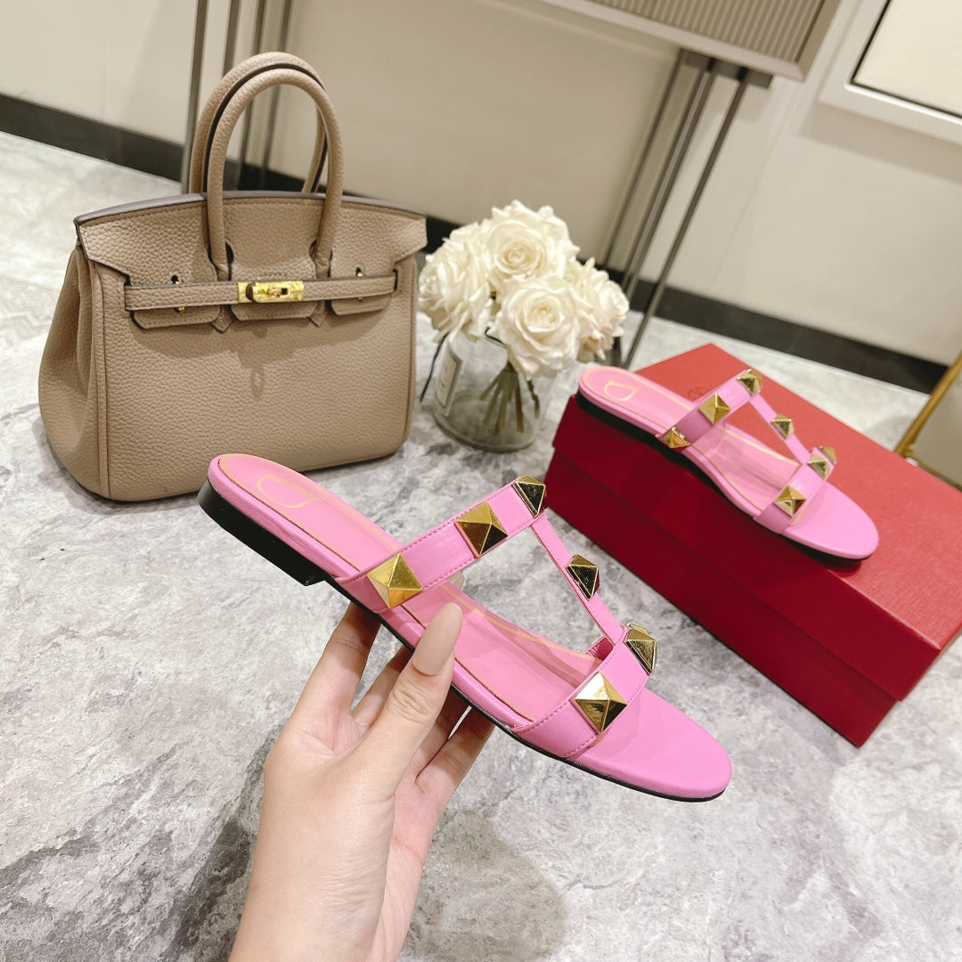 ROMAN STUD BRIGHT PINK CALFSKIN FLAT SLIDE SANDAL 25 MM - 34