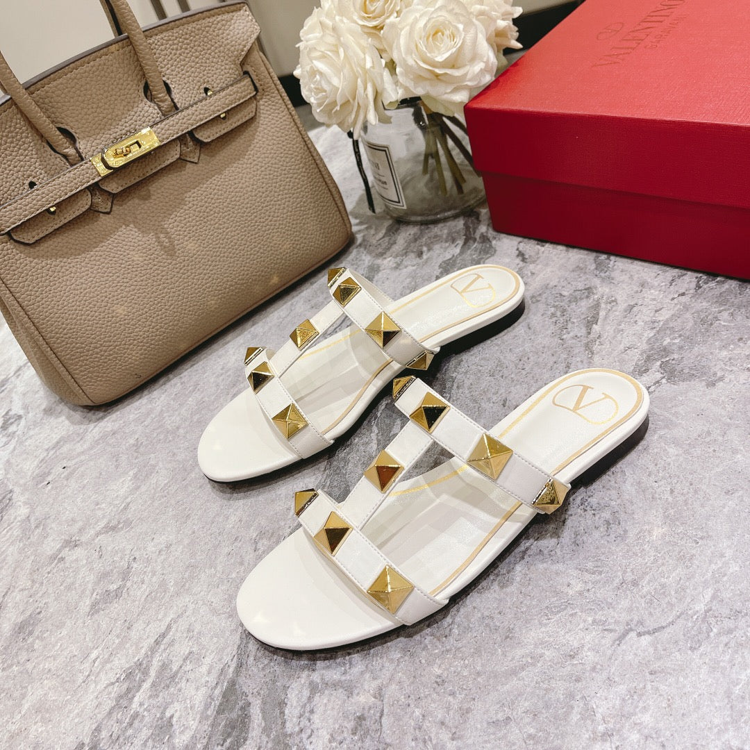 ROMAN STUD WHITE CALFSKIN FLAT SLIDE SANDAL 25 MM - 34