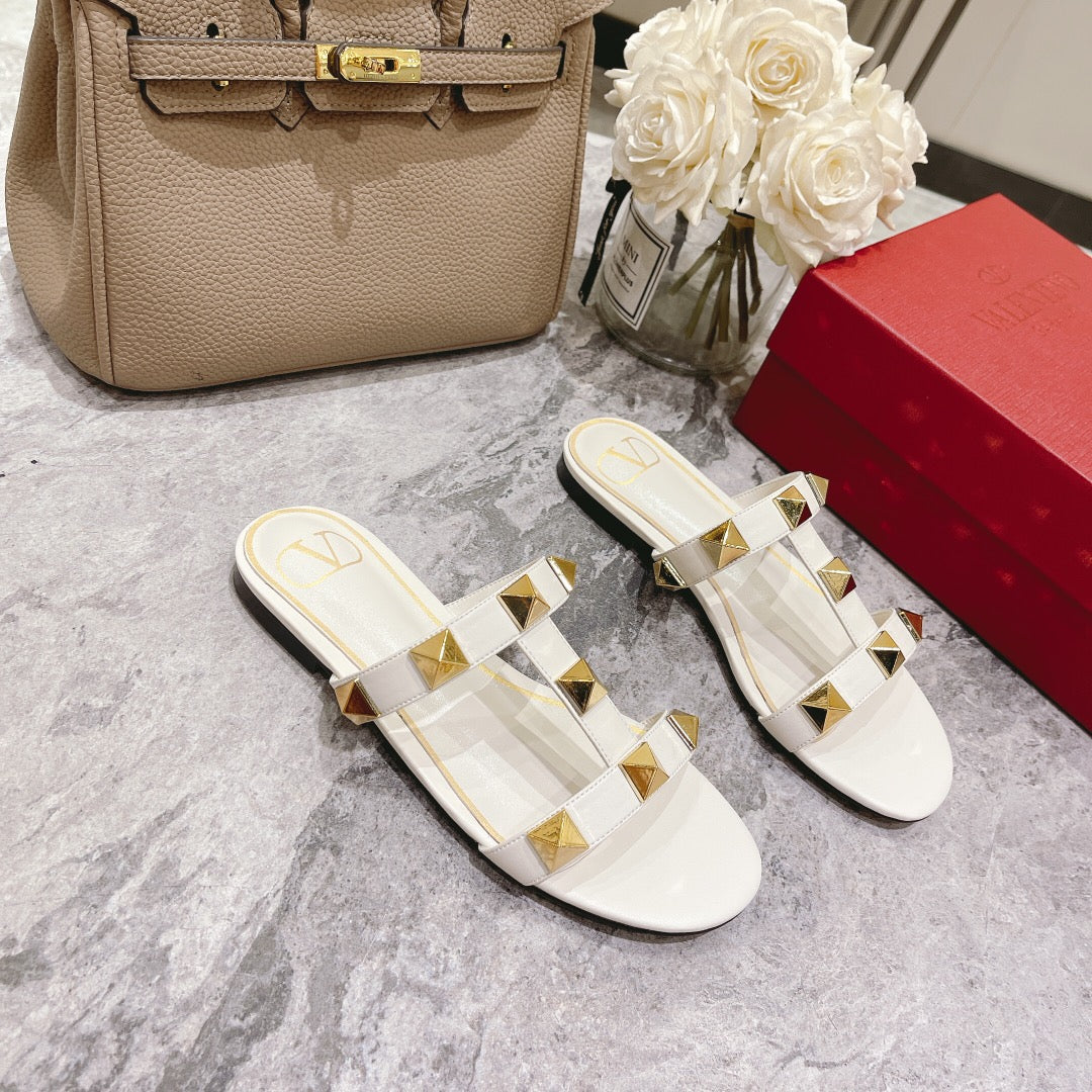 ROMAN STUD WHITE CALFSKIN FLAT SLIDE SANDAL 25 MM - 34