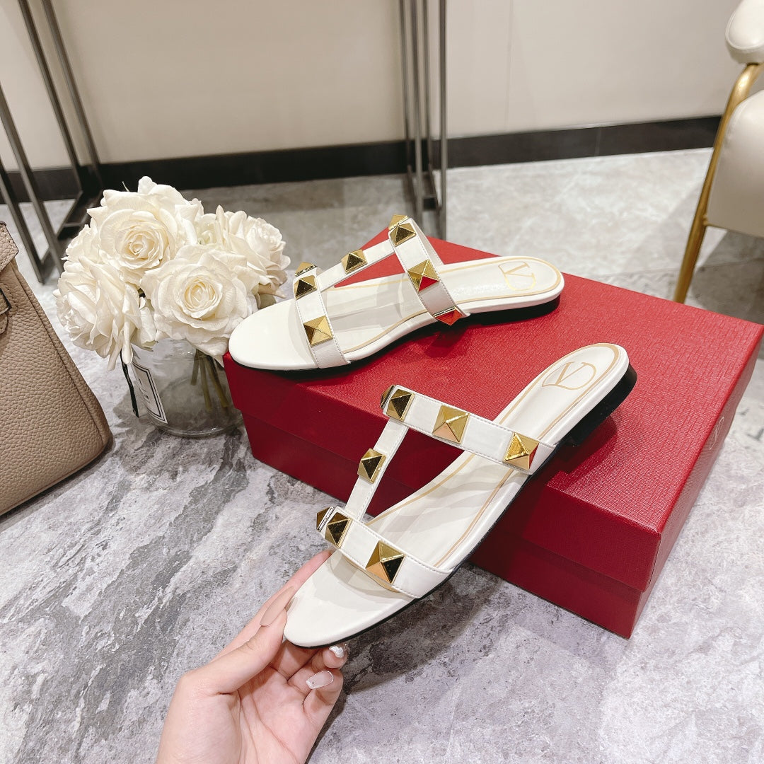 ROMAN STUD WHITE CALFSKIN FLAT SLIDE SANDAL 25 MM - 34